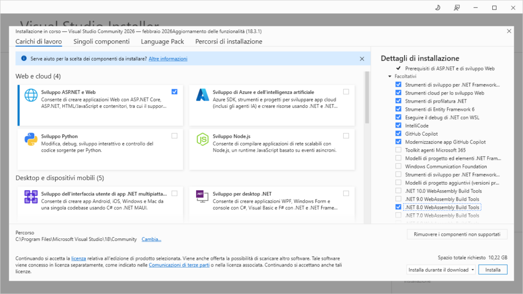 La schermata di selezione delle funzionalità di Visual Studio Community